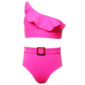 Maillot de bain deux pièces rose néon pour filles avec volant et ceinture à la taille