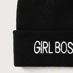 Classic black knitted beanie with white GIRL BOSS embroidery for autumn and winter warmth