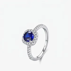 925 Sterling Silver Ring Round Blue Simulated Sapphire Halo Luxury Wedding Engagement Jewelry For Women Elegant Style