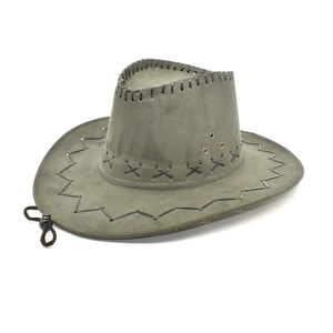 Close-up of faux suede cowboy hat with vintage hand-stitched edges and metal air vents
