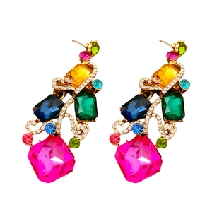 Vintage style square earrings with colorful gemstones and rhinestones on white background