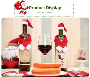 Close-up of festive red velvet Christmas wine bottle covers with mini hat and scarf