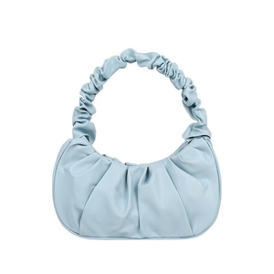Light blue pleated cloud handbag in soft PU leather with a minimalist crescent design