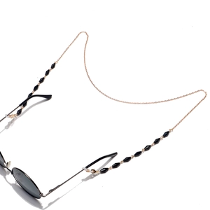 Fashionable 10mm oval crystal eyeglass chain with black beads and gold metal links