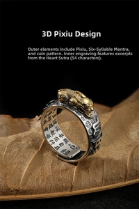 Detail of Pixiu ring showing 3D golden mythical beast and inner Heart Sutra engraving