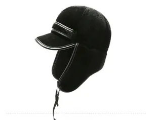Side view of faux fur winter trapper hat with earflaps and leather trimming