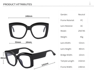 Detailed size chart and specifications of neutral large square frame anti-blue light glasses