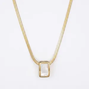 Minimalist Rectangle Mother Of Artificial Pearl Pendant Necklace For Women Stainless Steel Gold Plated Herringbone Snake Chain Chic