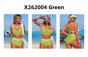 Three-way view of a grass green V-neck two-piece bikini with cross-back tie straps