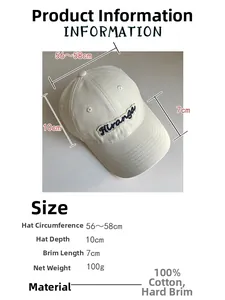 Detail view of cotton baseball cap showing Hiranga embroidery and size specifications
