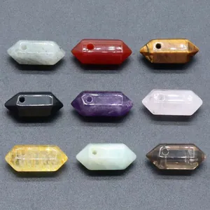 Nine colorful hexagonal double-pointed crystal pendants for DIY jewelry necklaces