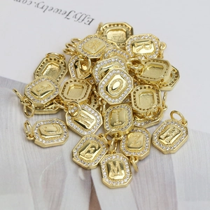 Square 18k gold plated initial pendants with sparkling zircon stones for jewelry DIY