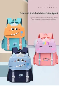 Detailed view of kids cartoon backpacks with dinosaur and unicorn themes and padded straps