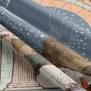Dettaglio dell'arazzo dei tarocchi con motivi del cielo stellato e colonne corinzie