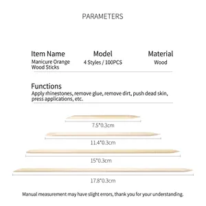 100pcs natural wood manicure sticks in four sizes ranging from 7.5cm to 17.8cm