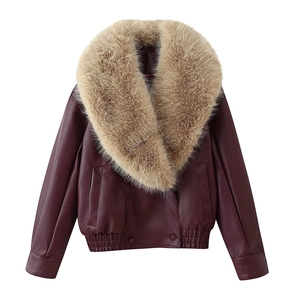 Chic burgundy faux leather jacket for women with oversized brown faux fur collar