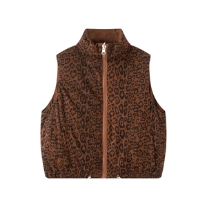 Reversible leopard print vest with stand collar and zipper closure for women