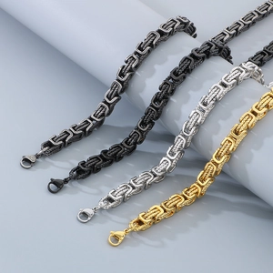 Men's stainless steel Byzantine chain necklace set in gold, silver, and black tones