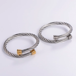 Industrial style steel wire cable braided adjustable cuff bracelet in gold and silver
