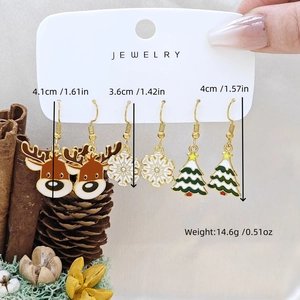 Christmas earrings set featuring elk, snowflake, and tree charms with size measurements