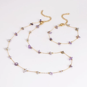 Detailed shot of gold chain jewelry set featuring purple and grey irregular stone beads