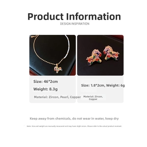 Detail of 18K gold plated horse jewelry set with colorful zircon and pearl inlays