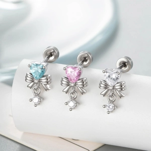 Orecchino Cartilagine Con Fiocco Cuore Zircone Con Perno In Acciaio Al Titanio Gioielli Piercing Rame