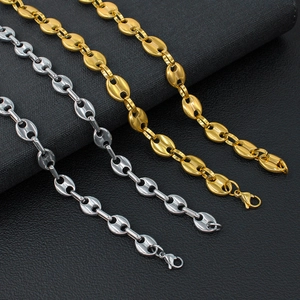 Vintage titanium steel coffee bean bracelets in gold and silver on black leather