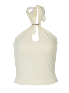 Detail showing the metal ring halter neck and teardrop cutout on this off-white top