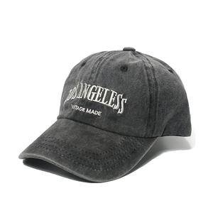Vintage dark gray washed cotton baseball cap with Los Angeles white letter embroidery