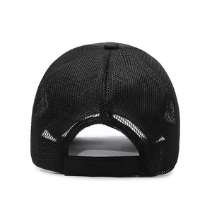 Rear view of breathable black mesh trucker baseball cap with adjustable strap for outdoors
