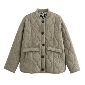 Olive green quilted jacket with stylish leopard print lining and ribbed knit collar