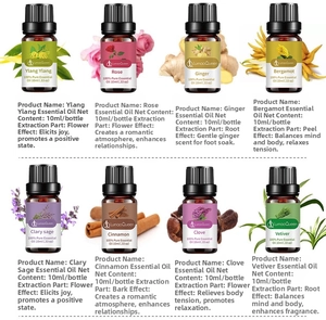 Set of eight 10ml natural essential oils bottles with plants like rose and ginger