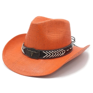 Bright orange western straw cowboy hat with black leather band and bull head buckle