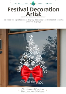 Close-up of white snowflake Christmas tree window decal with a large red ribbon bow