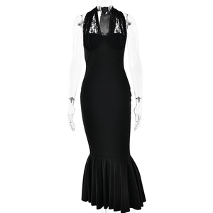 Robe longue noire dos nu chic avec détails en dentelle et ourlet sirène ajusté