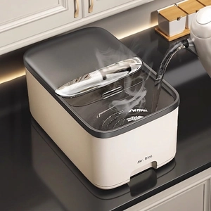 Sealed kitchen rice storage container with transparent lid and modern beige plastic body