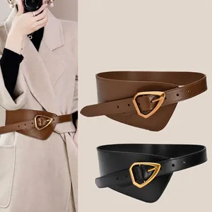 Women Genuine Leather Wide Waistband Belt Vintage Triangle Alloy Buckle Corset For Dresses Coat Retro Fashion Accessory