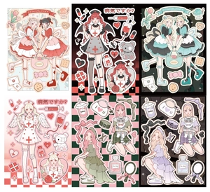 Detail showing 6 sheets of anime style stickers with cute pastel and dark subculture themes