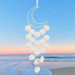 Moon-shaped dream catcher shell wind chime with white woven frame for wall decor