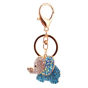 Creative elephant keychain with sparkling blue and silver rhinestones on a gold metal link