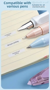 Detail showing the correction tape coverage and compatibility with various pen types