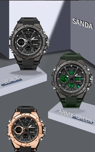 Tactical dual display sports watch showing three color options on geometric steps