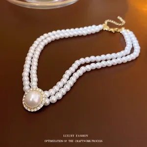 Layered Oval Artificial Pearl Necklace Faux Artificial Pearl Clavicle Chain Zircon Rhinestone Pendant French Elegant For Women Jewelry