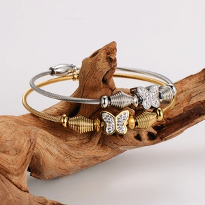 Elegant stainless steel cable butterfly bracelets in gold and silver with rhinestones