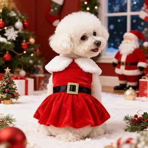 Classic red velvet Christmas dog dress with white fur collar and a black sequined belt detail