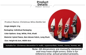 Detailed view of handmade faceless gnome wine bottle cover in assorted festive colors