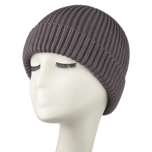 Detailed knit texture of a warm purple-grey cuffed beanie for winter wear