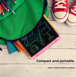 Pink 12-inch LCD writing tablet in a backpack showing colorful creative drawings