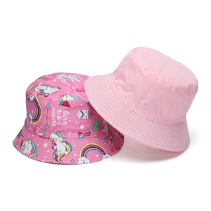 Pink kids bucket hat set with unicorn cartoon patterns and solid pastel color